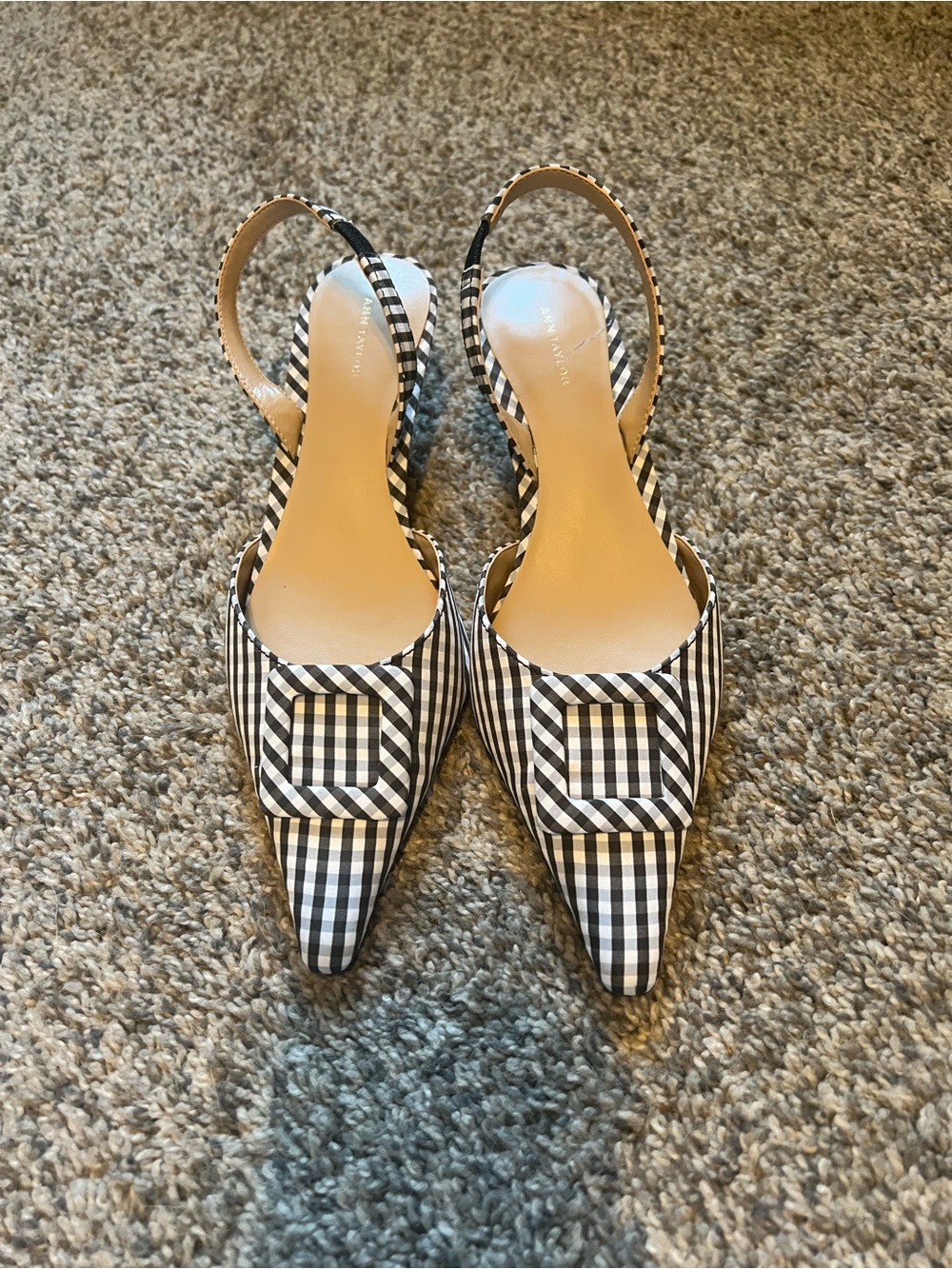 Ann Taylor Black & White Gingham Slingback Pointed-Toe Kitten Heels